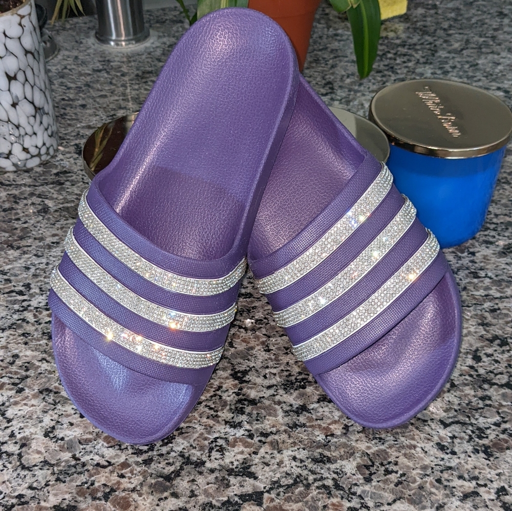 Adidas Adilette Custom Swarovski Style Crystal Slides Size 7 💎